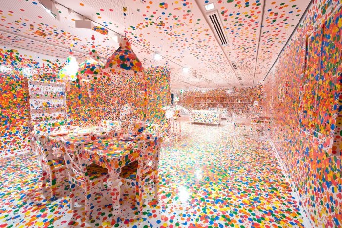 White room covered with polka dots