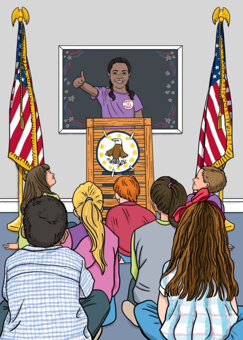 Illustration of classroom with young girl at podium