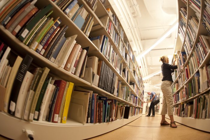 Fish-eye lens view of library stacks