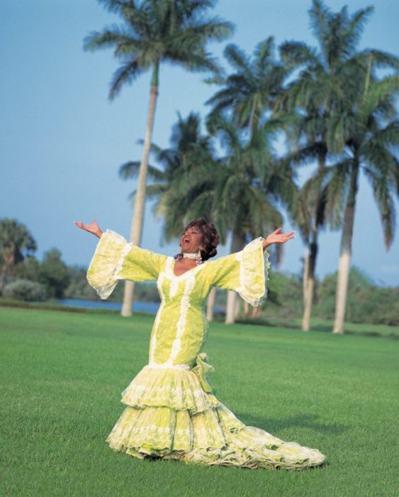 Cruz in Yellow gown posing against palm trees