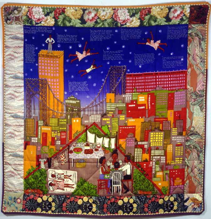 Colorful quilt featuring skyline and night sky