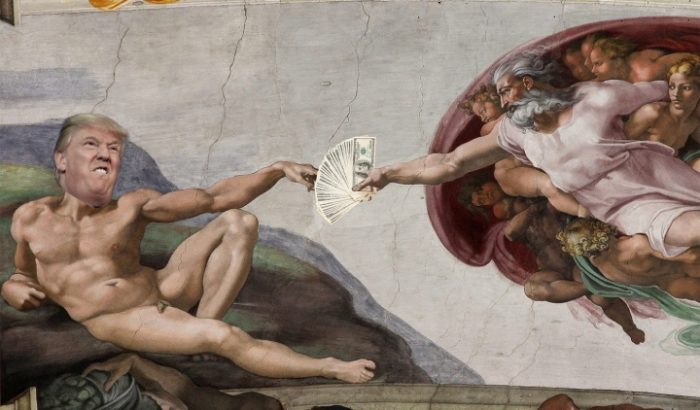 Parody of Sistine Chapel painting of God and Adam with Trump