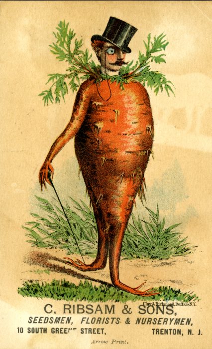 Card showing carrot with human head wearing top hat and monocle