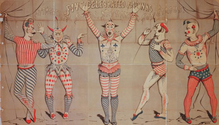 Antique circus poster featuring drawings of five clowns