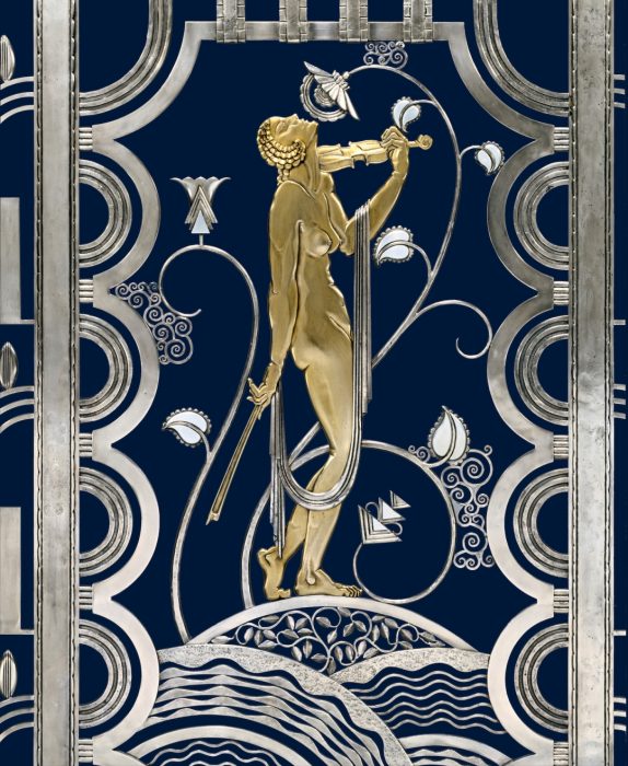 Art Deco design of woman on enameled screen