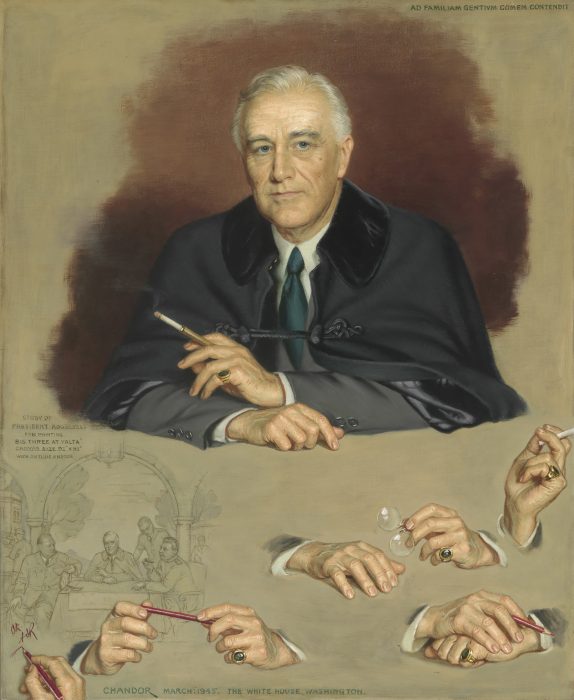 Sketch of seated Roosevelt, several sketches of hands