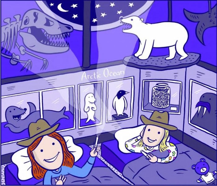 Illustration of kids in sleeping bags at National Museum of Natural History