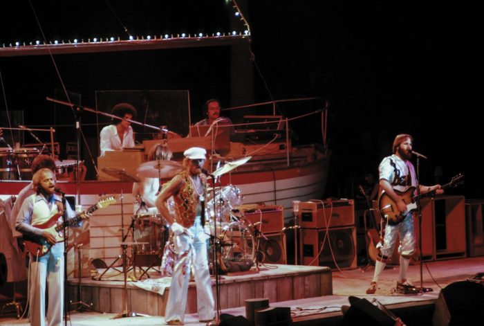 color photo of Beach Boys on stage