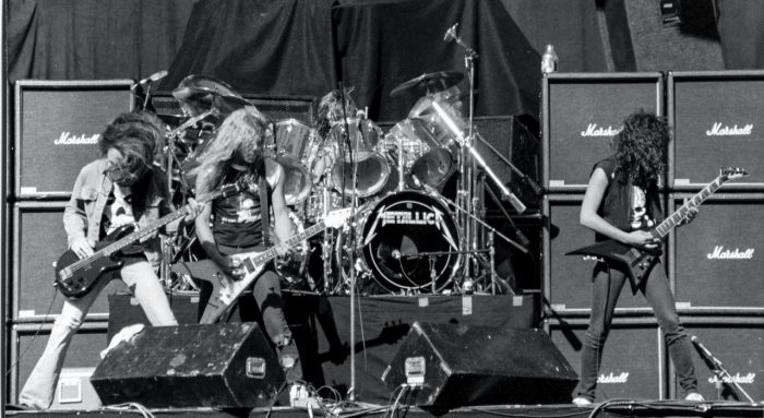 Black and white photo of Metallica on stage