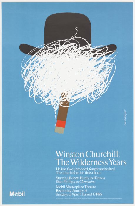 poster with graphic element of white squiggles under hat