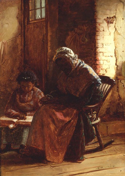 Painting of child reading to elderly woman in rocking chair