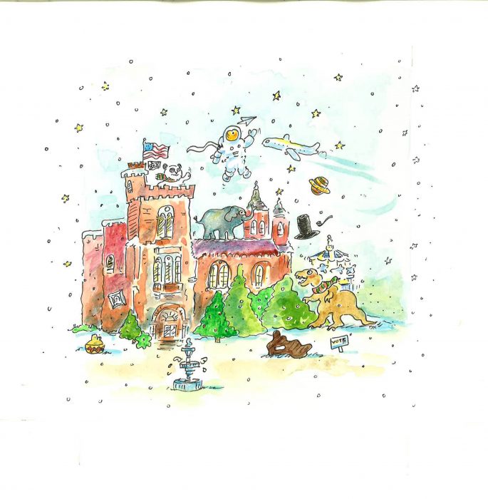 watercolor of Castle surrounded by various cartoon-like artifacts