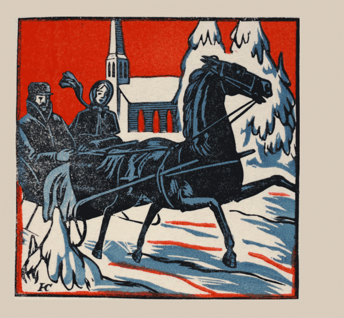 Animation of sleigh ride using wood cut images