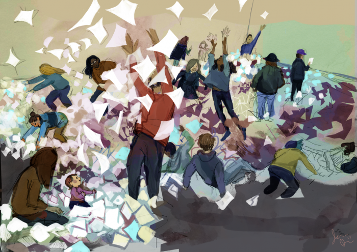 Drawing of people throwing paper into the air