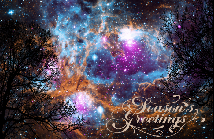 Colorful night sky with Seasons Greetings superimposed