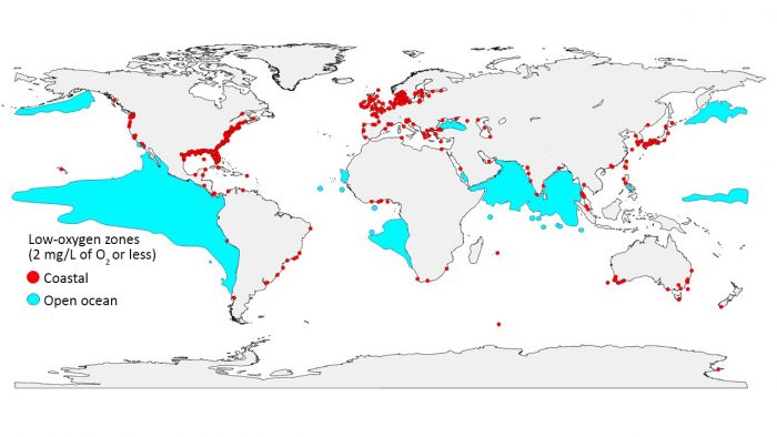 Global map showing low oxygen zones