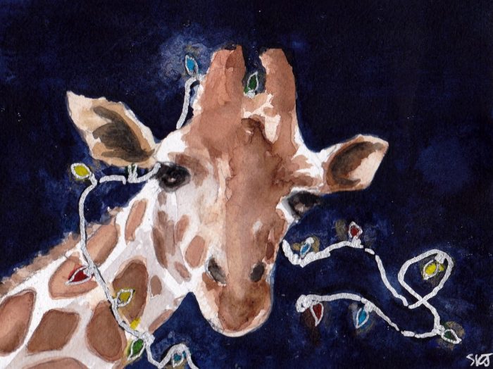 Watercolor of a giraffe adorned with lights