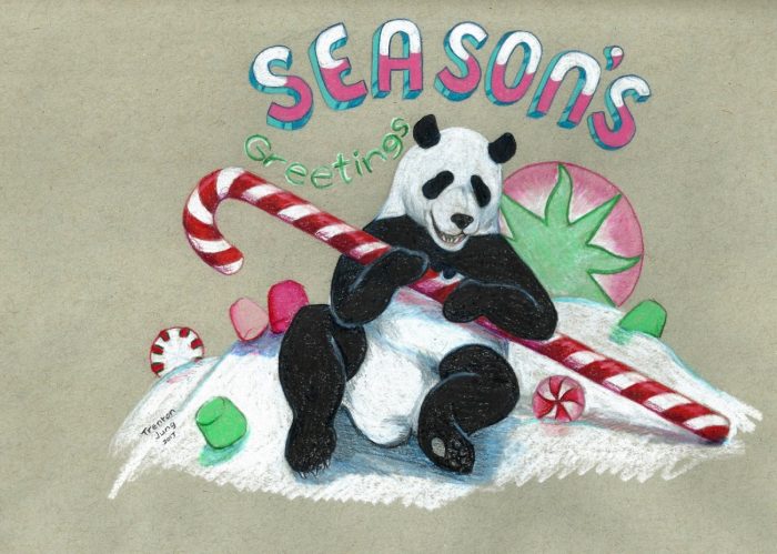 Pencil drawing of panda holding candy cane