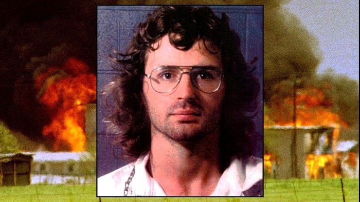 Composite photo of Koresh and burning compound