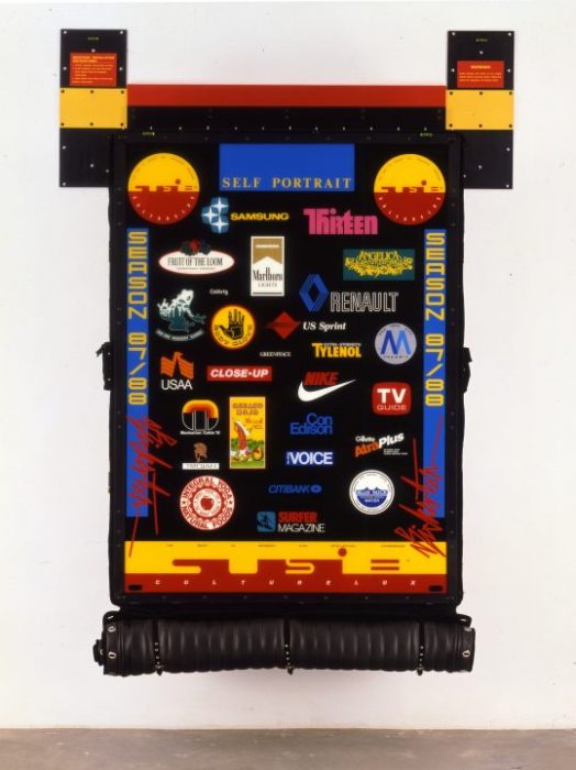 Contemporary art piece featuring commercial logos