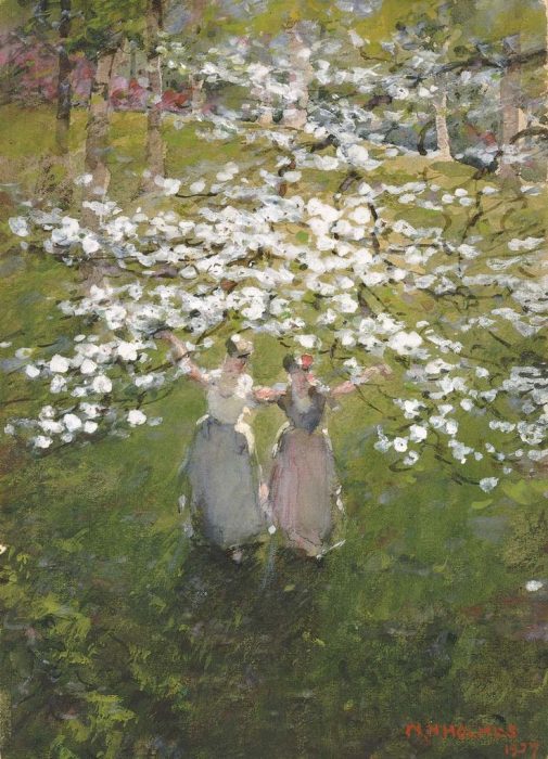 Impressionist painting of two women under flowering tree