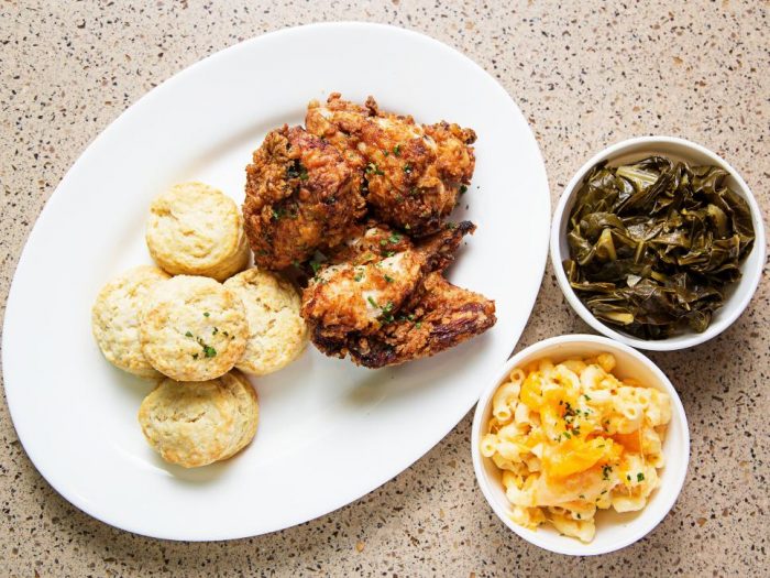 Fried chicken with collards and bisquits