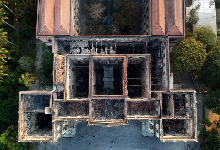 Burned museum building from above