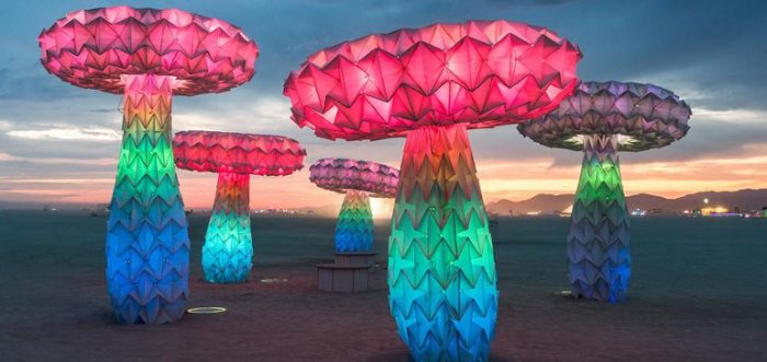 Neon Mushroom sculptures at Burning Man