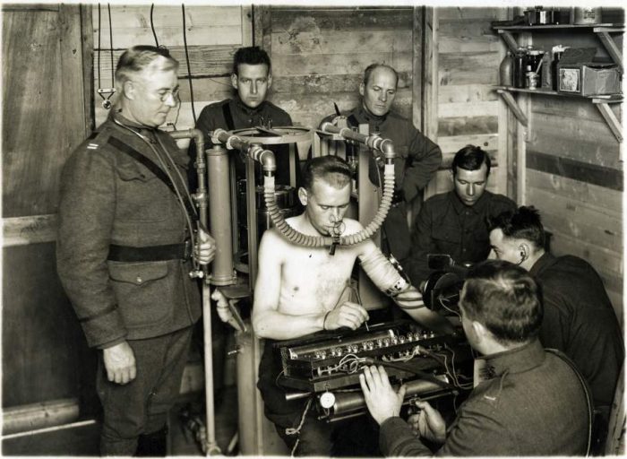 Black and white photo of soldier testing device