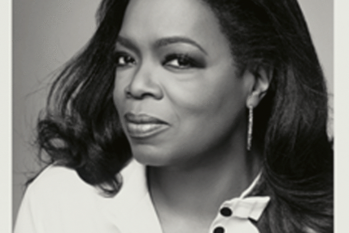 Black and white close-up of Oprah Winfrey