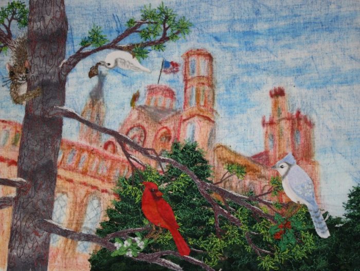 mixed media artwork of birds and castle