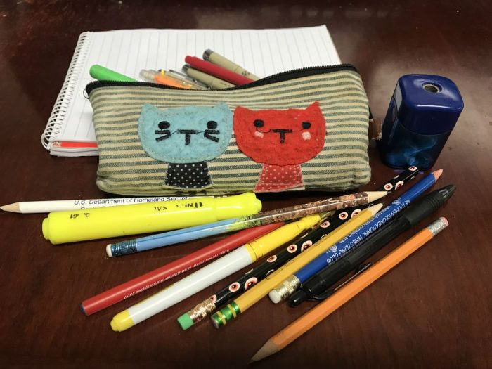 pencils and kitty pencil case