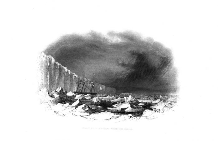 black and white print of ship among icebergs