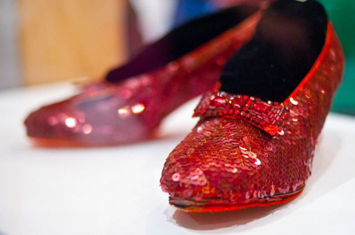 Close up of ruby slippers in display cabinet