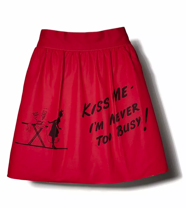 Red apron with "Kiss Me - I'm never too busy"