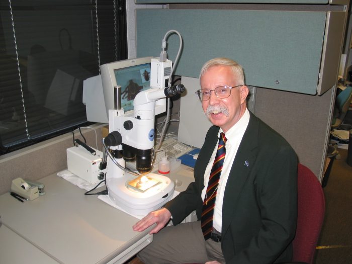 Robbins at desk with microscope