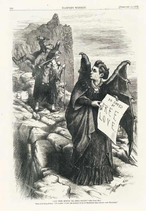 Etching showing Woodhul as a demon holding Free Love poster