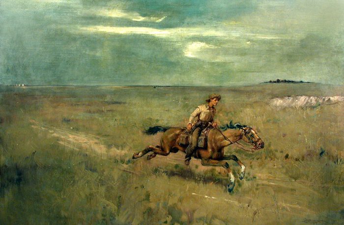 painting of pony express rider alone on the plains
