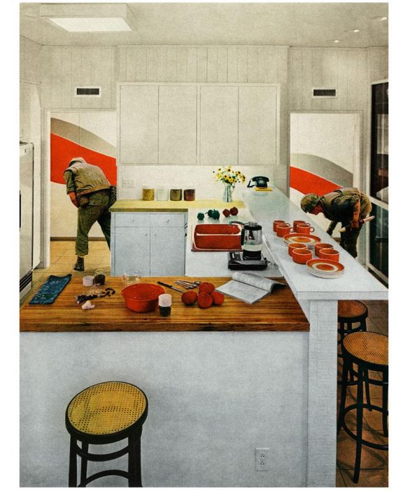 painting of soldiers searching red and white kitchen