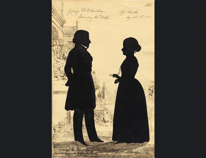 Paper silhouette of couple overlaid on sketch