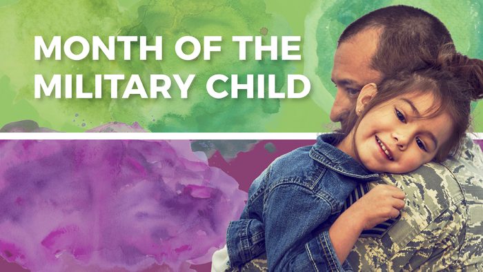 Logo for Month of the Military Child showing father in uniform hugging child