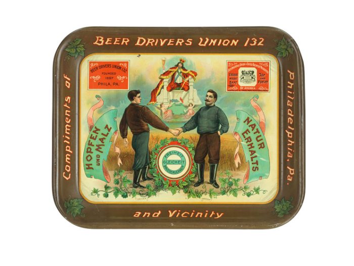 Tray featuring two men shaking hands, mottoes