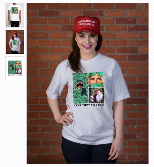 Screen shot of woman wearing satirical pro Trump shirt and MAGA hat