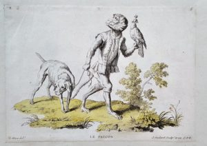 monkey dressed as a hunter with falcon and hunting dog.