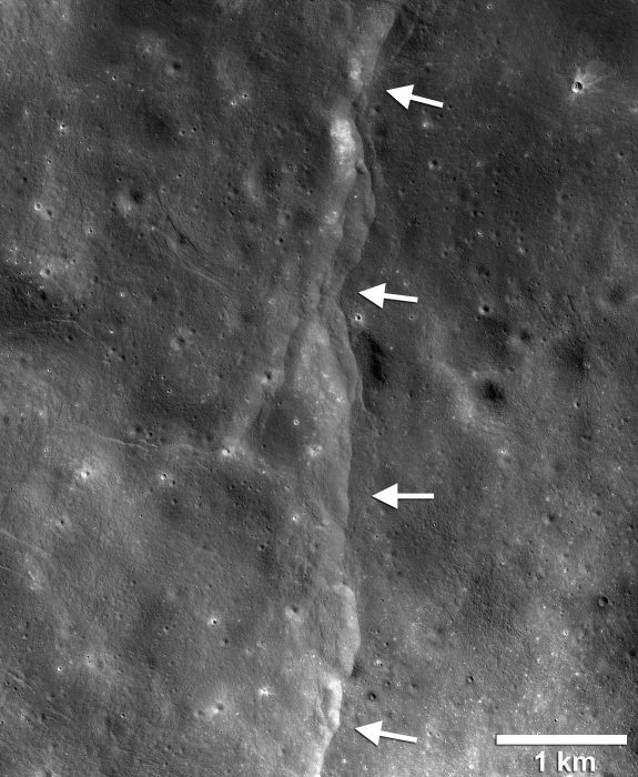Close-up of moon's surface showing faults