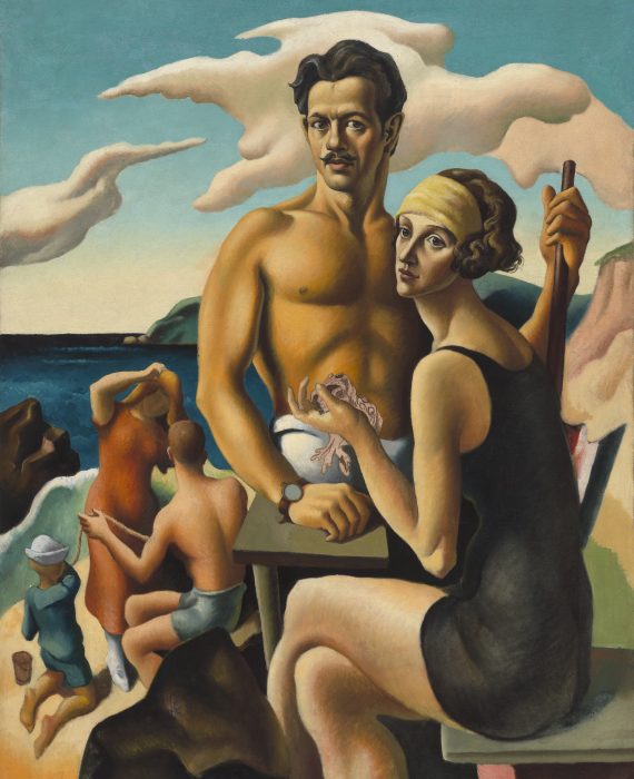 painting of artist with his wife on a beach