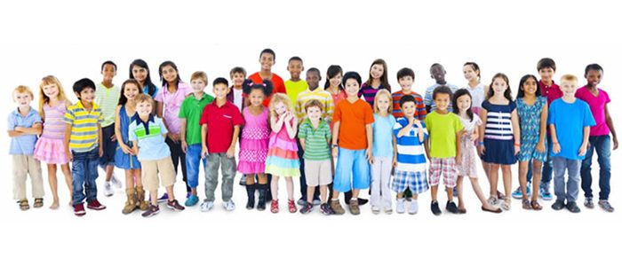 Group of diverse children against white background