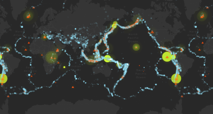 World map showing eruptions
