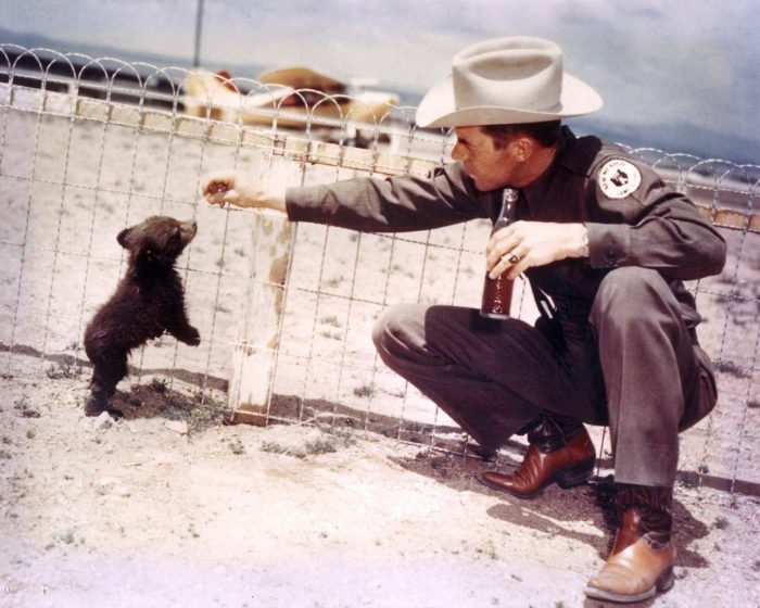 Forest ranger playing with Smokey Bear