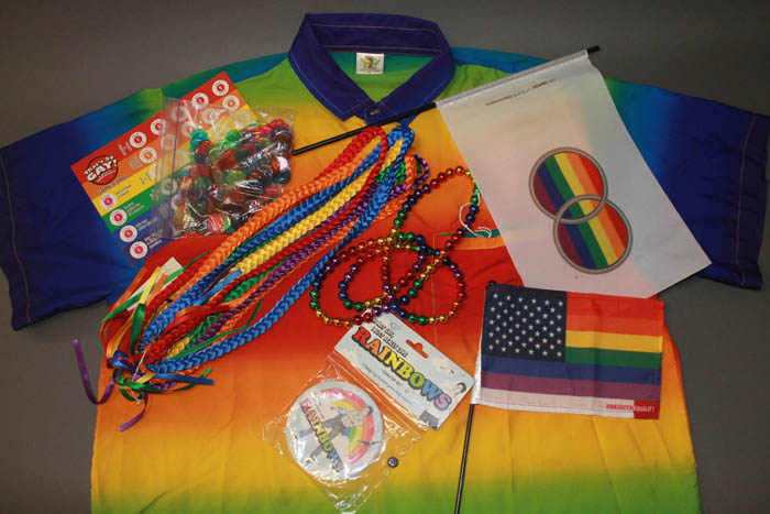 Shirt, beads and other ephemera with rainbow colors